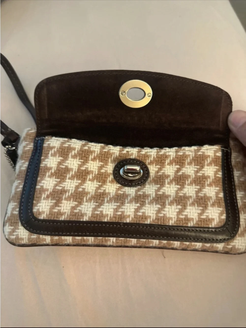 SOLD Coach Beige/Tan Wool Houndstooth Wristlet with Dark Brown Suede and Leather